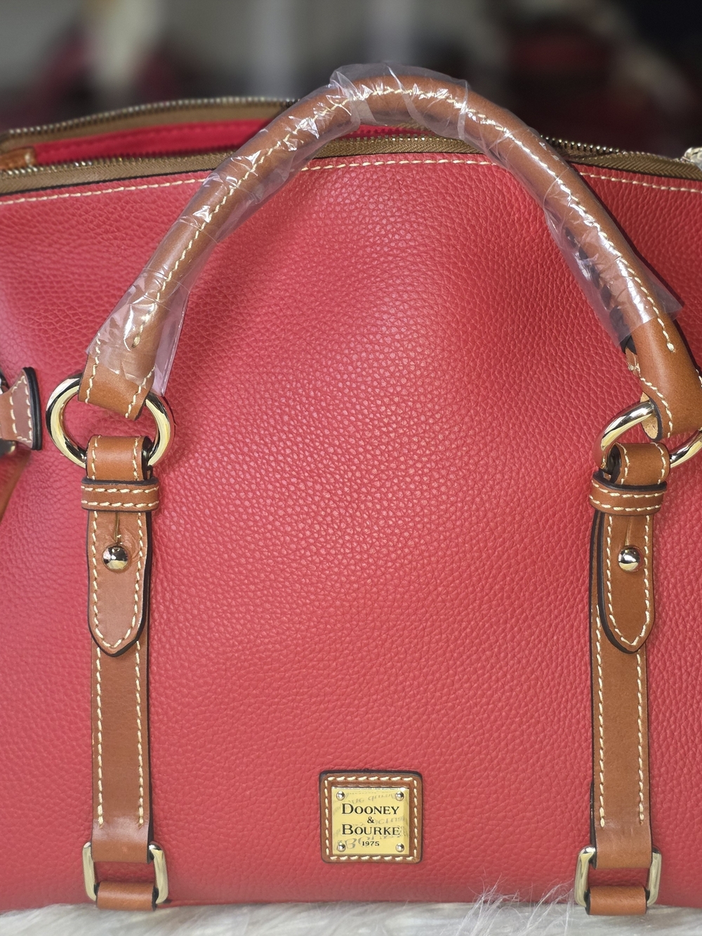 Dooney & Bourke Red Pebble Leather Satchel with Tan Trim and Gold Hardware - Picture 7 of 8